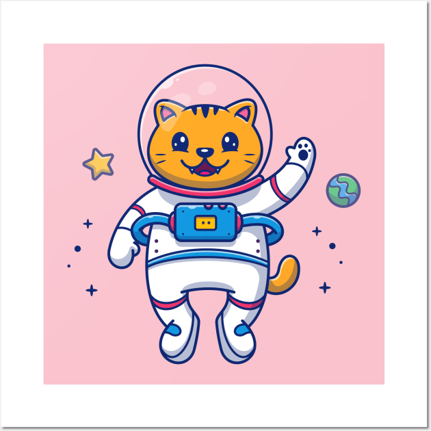 Cute Cat Astronaut Flying In Space Cartoon Wall Art by Catalyst Labs